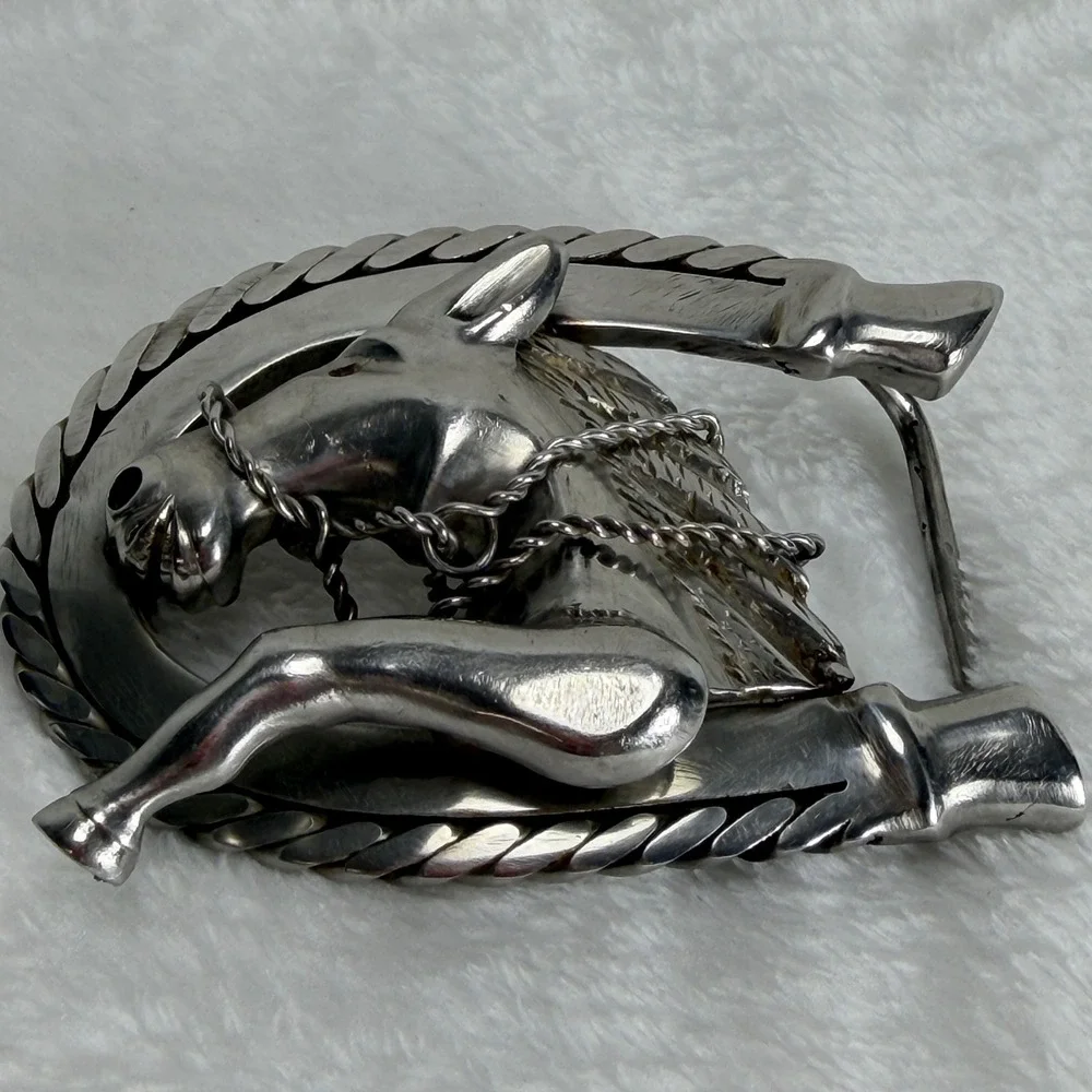 VTG Artisan 3D Horse‎ Horseshoe Belt Buckle Silver Tone Western Equestrian